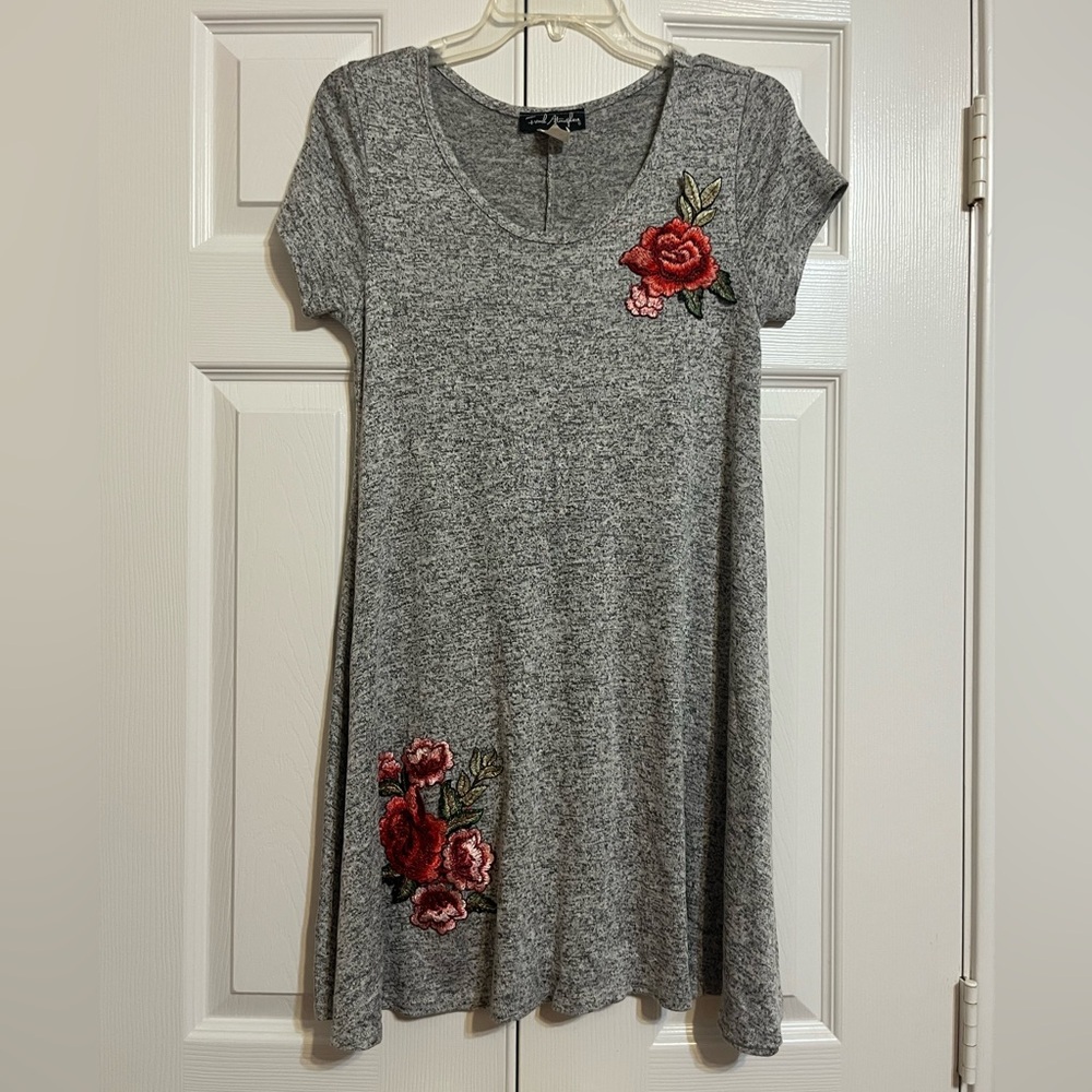 Heather Gray Mini Dress with Red Floral Embroidery